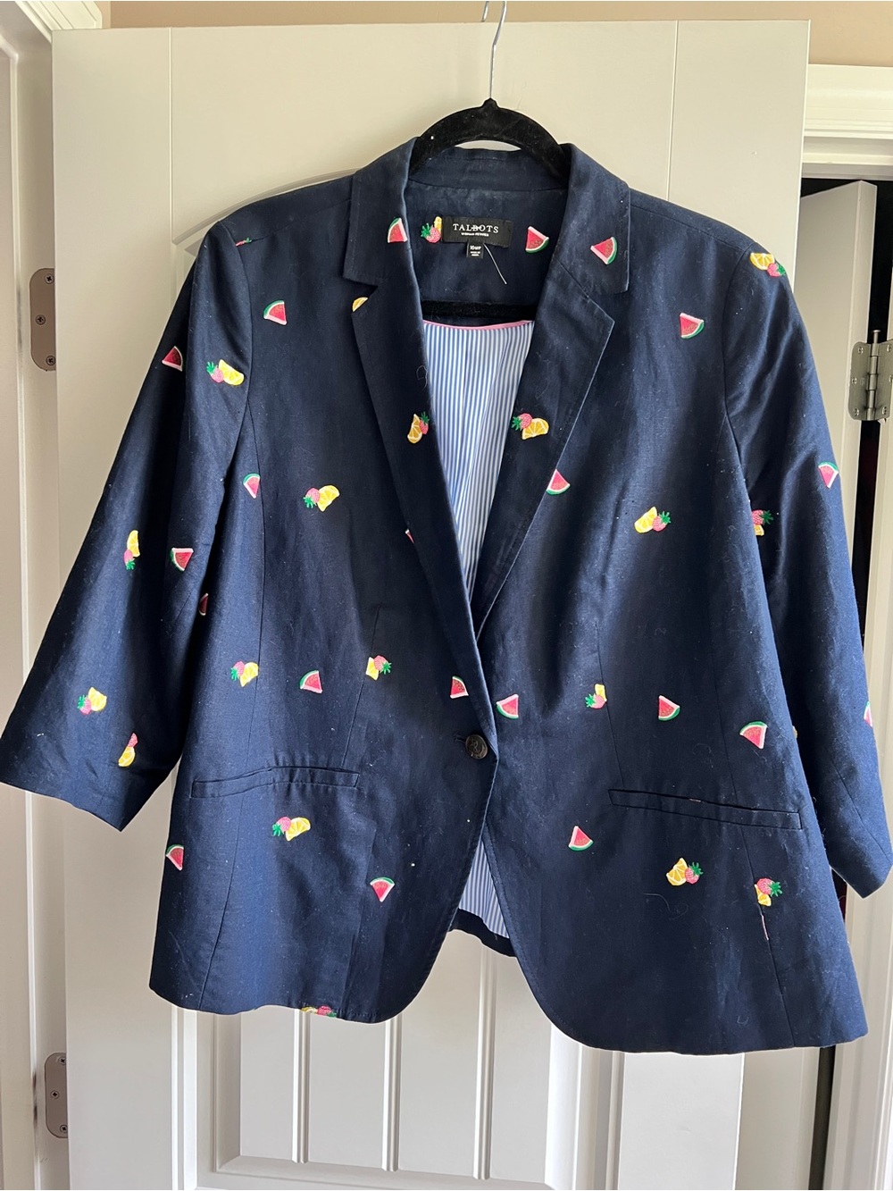 Talbots Navy Blue Embroidered Fruit Blazer Jacket Sz 16WP